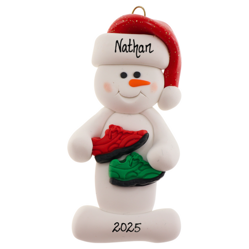Snowman in red hat with running shoes, personalized with name.