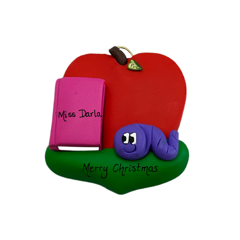 Red apple with pink book and purple worm teacher appreciation ornament, personalized with name.