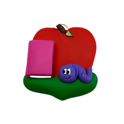 Red apple with pink book and purple worm teacher appreciation ornament.