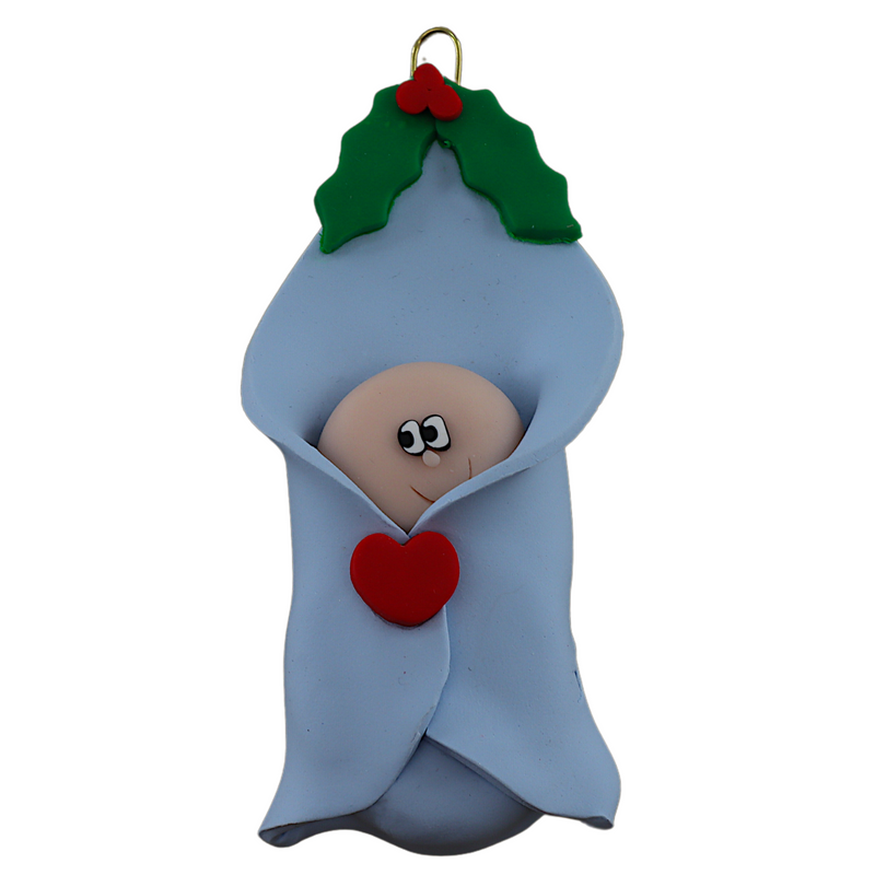 Ornament with infant head poking out of a blue baby blanket.