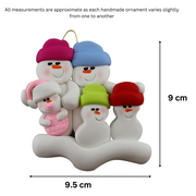 Family ornament with 2 large, 2 small and 1 infant snowman in pink, graphed to show size (9.5x9cm).