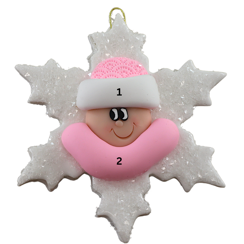 Baby ornament with infant face and pink hat on glittery white snowflake base, numbered 1-2 for personalization.