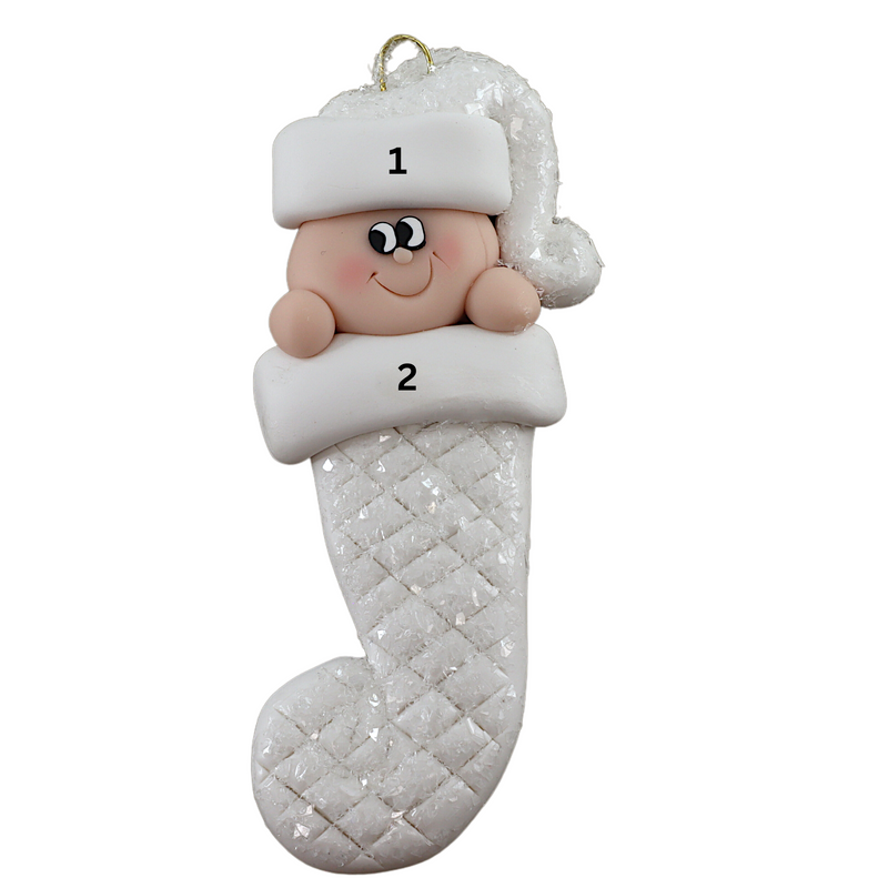 Ornament with infant head in a white glitter hat poking out of a white glitter stocking, numbered 1-2 for personalization.