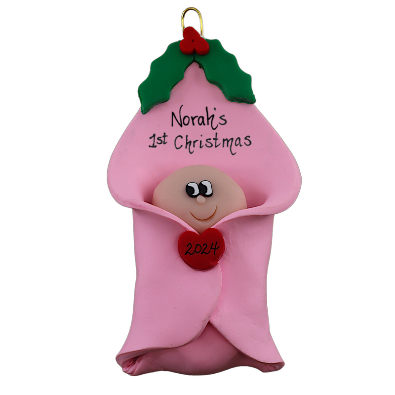 Ornament with an infant head poking out of a pink baby blanket, personalized with names.