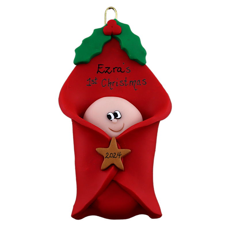 Ornament with an infant head poking out of a red baby blanket, personalized with names.