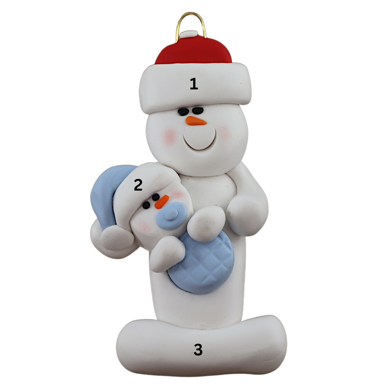 Family ornament with 1 large and 1 infant snowman in blue, numbered 1-3 for personalization.