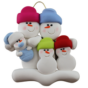 Family ornament with 2 large, 2 small, and 1 infant snowman in blue.