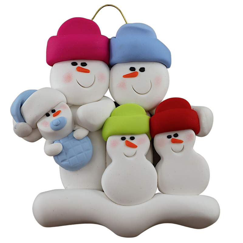 Family ornament with 2 large, 2 small, and 1 infant snowman in blue.