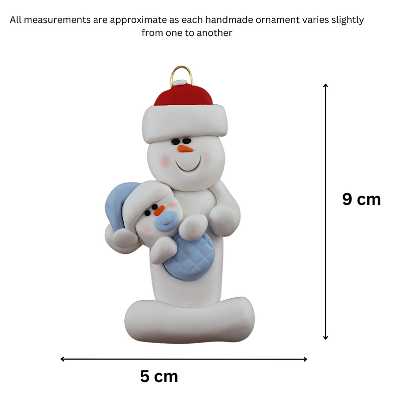 Family ornament with 1 large and 1 infant snowman in blue, graphed to show size (5x9cm).