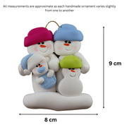 Family ornament with 2 large, 1 small, and 1 infant snowman in blue, graphed to show size (8x9cm).