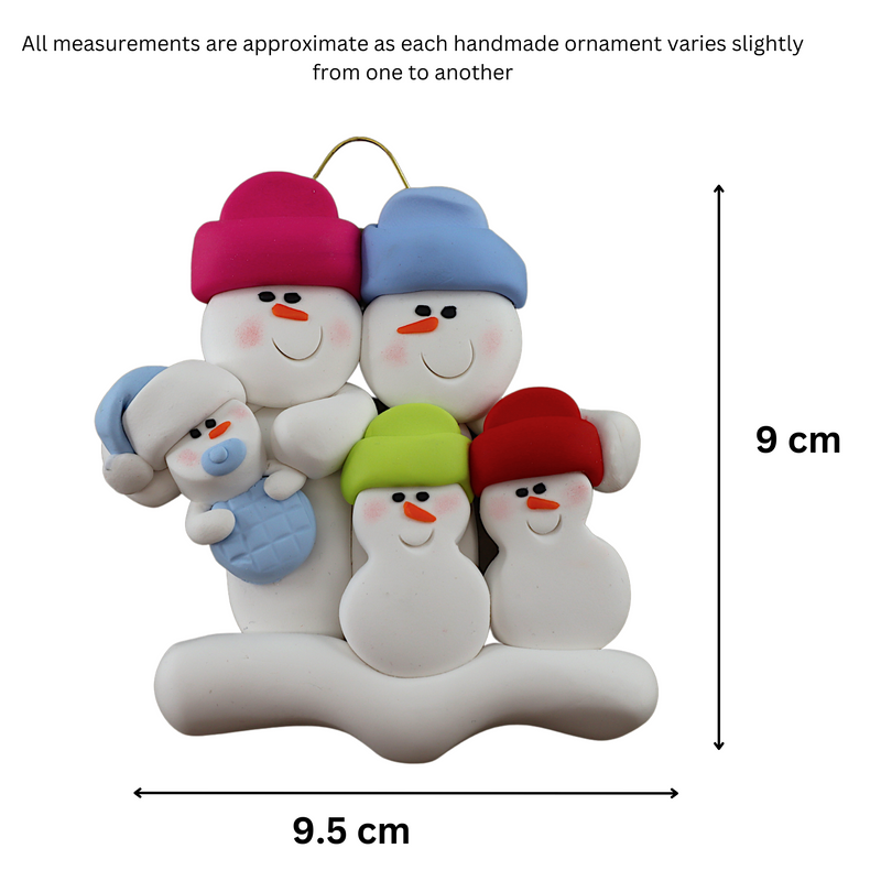 Family ornament with 2 large, 2 small, and 1 infant snowman in blue, graphed to show size (9.5x9cm).