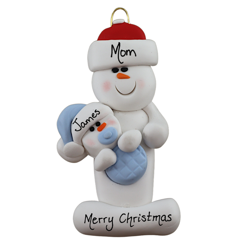 Family ornament with 1 large and 1 infant snowman in blue, personalized with names.