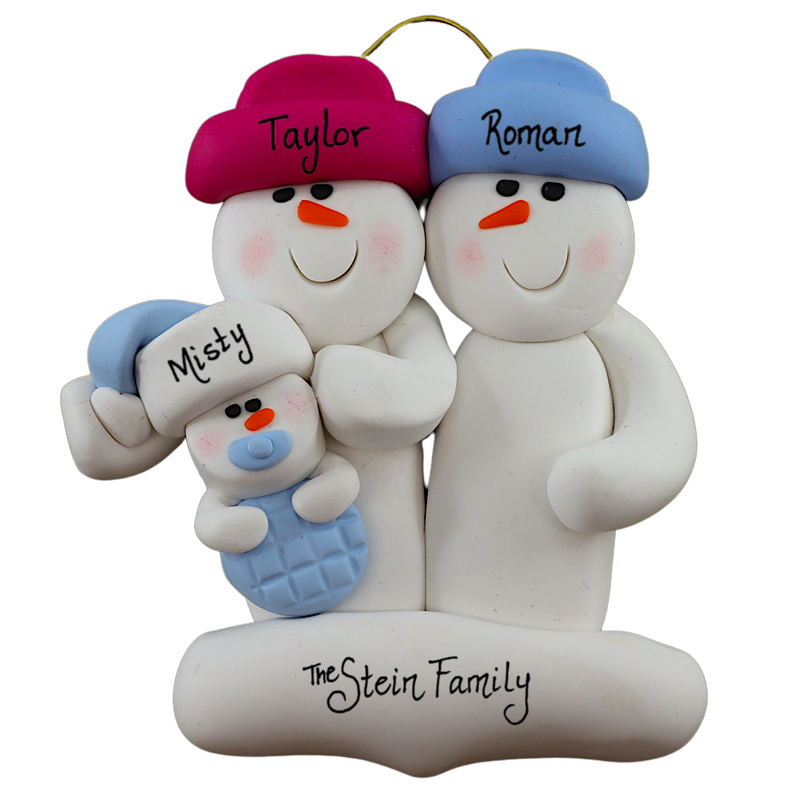 Family ornament with 2 large and 1 infant snowman in blue, personalized with names.