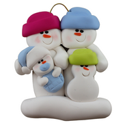 Family ornament with 2 large, 1 small, and 1 infant snowman in blue.