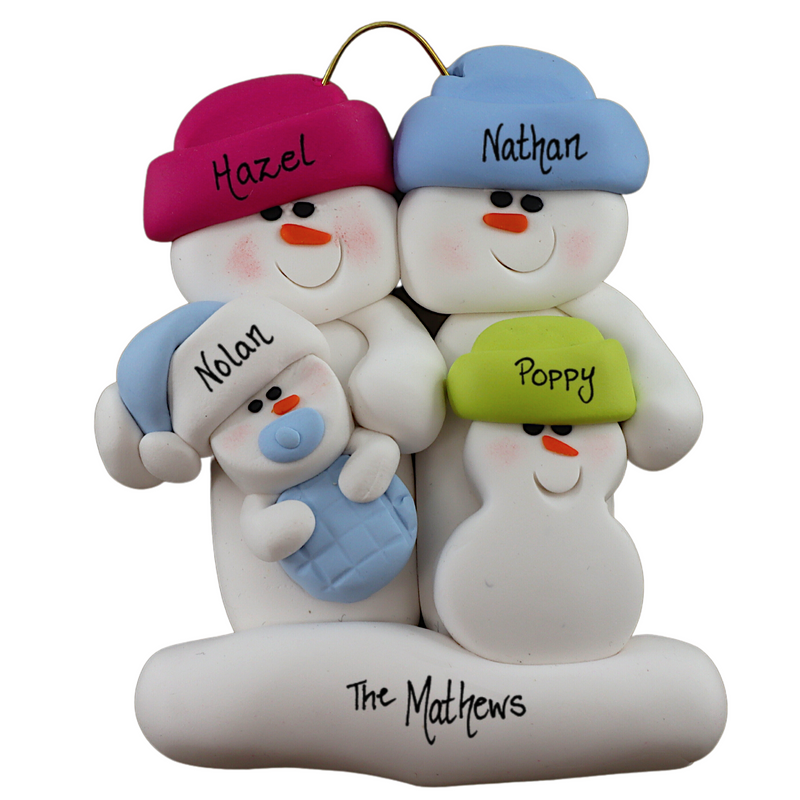 Family ornament with 2 large, 1 small, and 1 infant snowman in blue, personalized with names.