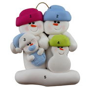 Family ornament with 2 large, 1 small, and 1 infant snowman in blue, numbered 1-5 for personalization.