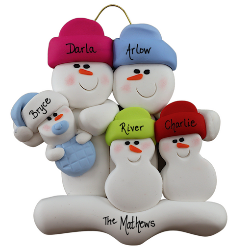 Family ornament with 2 large, 2 small, and 1 infant snowman in blue, personalized with names.