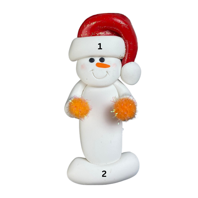 Ornament of white snowman in red hat holding orange cheerleader pom-poms, numbered 1-2 for personalization.