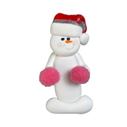 Ornament of white snowman in red hat holding pink cheerleader pom-poms.