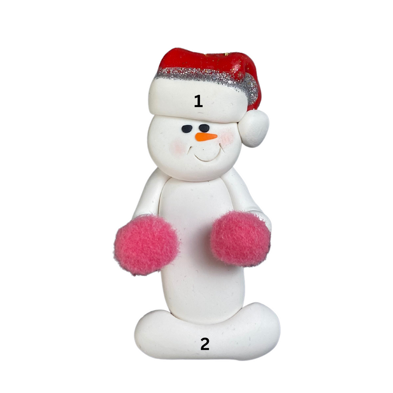 Ornament of white snowman in red hat holding pink cheerleader pom-poms, numbered 1-2 for personalization.