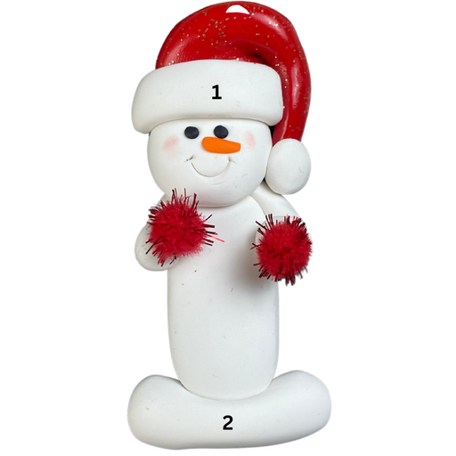 Ornament of white snowman in red hat holding red cheerleader pom-poms, numbered 1-2 for personalization.