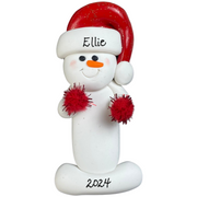 Ornament of white snowman in red hat holding red cheerleader pom-poms, personalized with name.