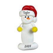 Ornament of white snowman in red hat holding yellow cheerleader pom-poms, personalized with name.