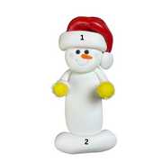 Ornament of white snowman in red hat holding yellow cheerleader pom-poms, numbered 1-2 for personalization.