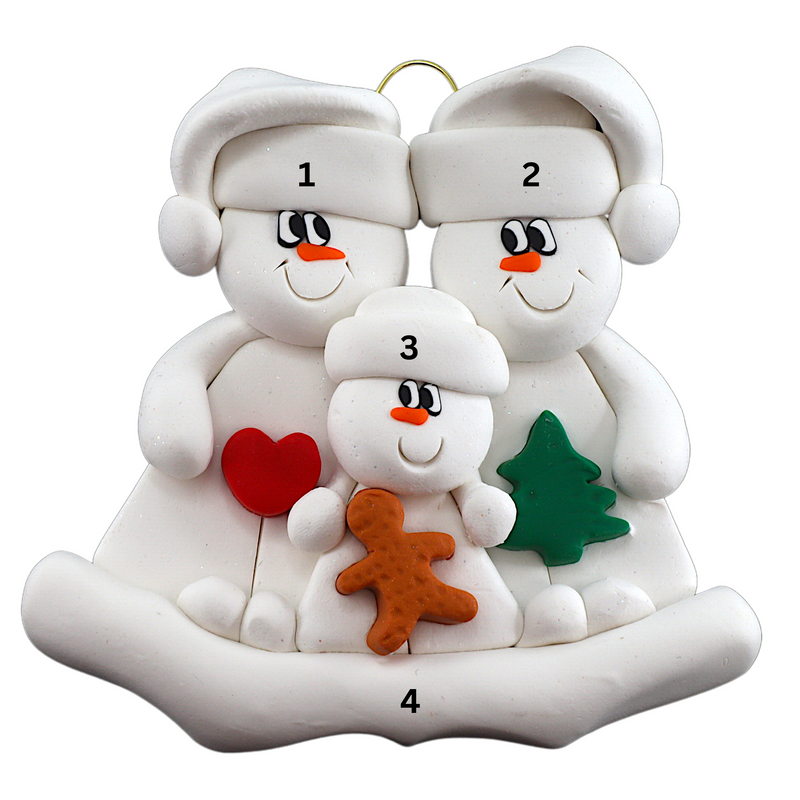 Family ornament with 2 large and 1 small snowmen in hats, holding holiday objects, numbered 1-4 for personalization.