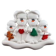 Family ornament with 2 large and 2 small snowmen in hats, holding holiday objects.