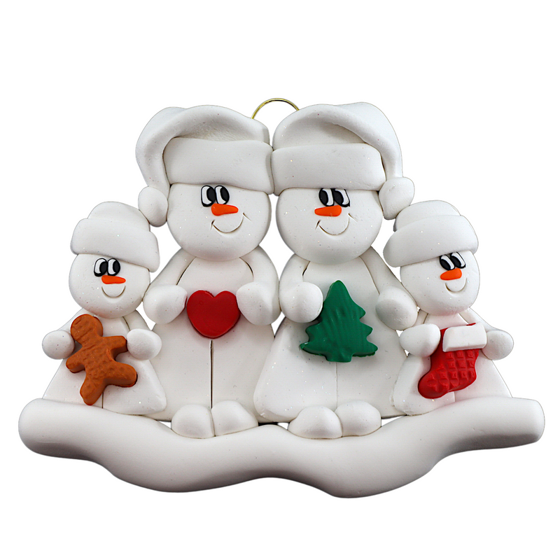 Family ornament with 2 large and 2 small snowmen in hats, holding holiday objects.
