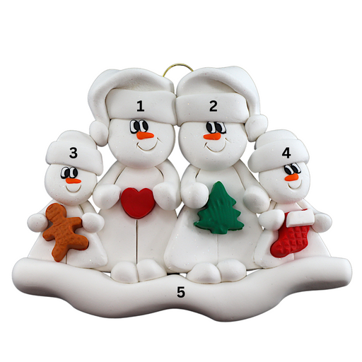 Family ornament with 2 large and 2 small snowmen in hats, holding holiday objects, numbered 1-5 for personalization.