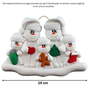 Family ornament with 2 large and 3 small snowmen in hats, holding holiday objects, graphed to show size (14cm).