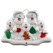 Family ornament with 2 large and 3 small white snowmen in hats, holding holiday objects, numbered 1-6 for personalization.