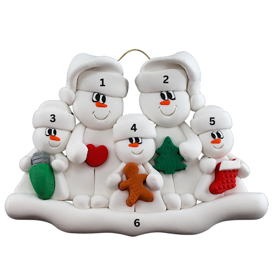 Family ornament with 2 large and 3 small white snowmen in hats, holding holiday objects, numbered 1-6 for personalization.