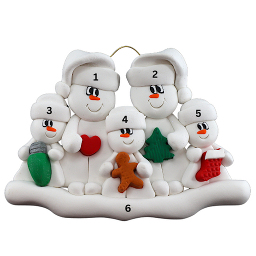 Family ornament with 2 large and 3 small white snowmen in hats, holding holiday objects, numbered 1-6 for personalization.