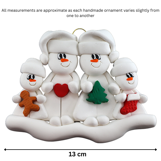 Family ornament with 2 large and 2 small snowmen in hats, holding holiday objects, graphed to show size (13cm).