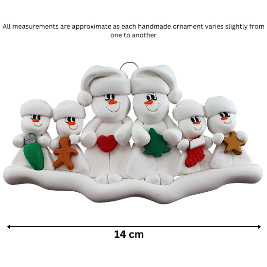 Family ornament with 2 large and 4 small snowmen in hats, holding holiday objects, graphed to show size (14cm).