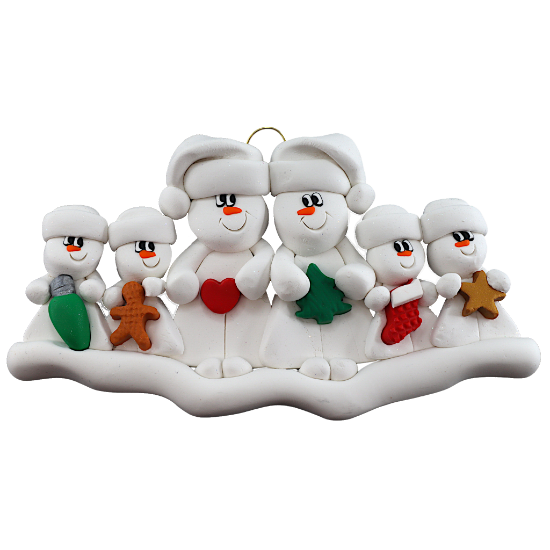 Family ornament with 2 large and 4 small snowmen in hats, holding holiday objects.