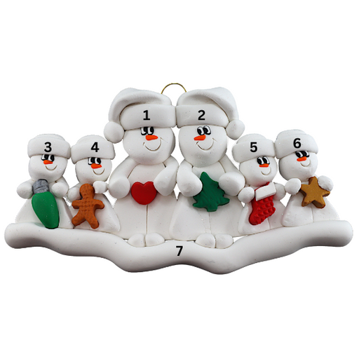 Family ornament with 2 large and 4 small snowmen in hats, holding holiday objects, numbered 1-7 for personalization.