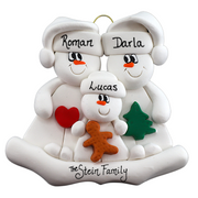 Family ornament with 2 large and 1 small snowmen in hats, holding holiday objects, personalized with names.
