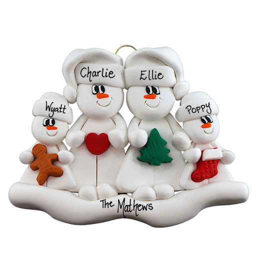 Family ornament with 2 large and 2 small snowmen in hats, holding holiday objects, personalized with names.