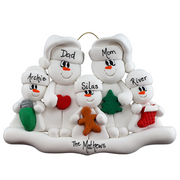 Family ornament with 2 large and 3 small white snowmen in hats, holding holiday objects, personalized with names.