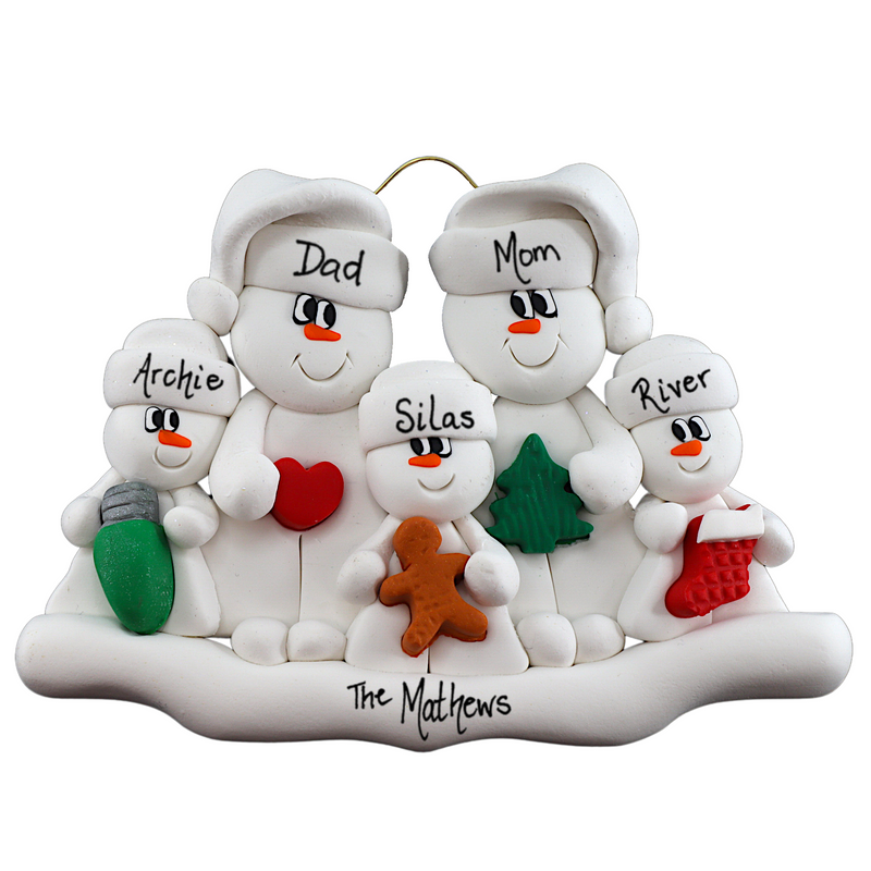 Family ornament with 2 large and 3 small white snowmen in hats, holding holiday objects, personalized with names.