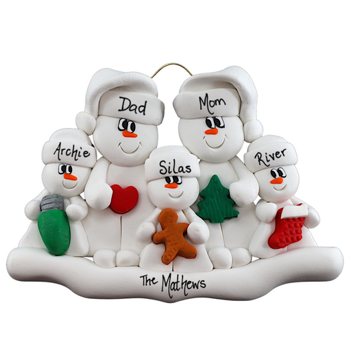Family ornament with 2 large and 3 small white snowmen in hats, holding holiday objects, personalized with names.