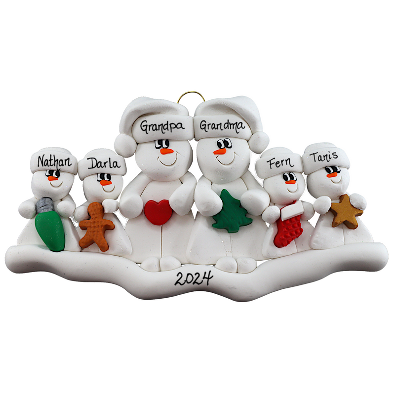 Family ornament with 2 large and 4 small snowmen in hats, holding holiday objects, personalized with names.