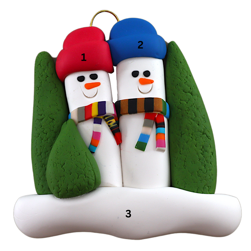 Family ornament with 2 white snowmen in colourful scarves and hats, hemmed by Christmas trees, numbered 1-3.
