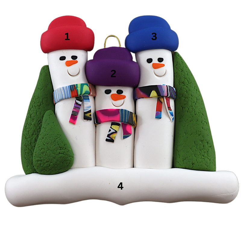 Family ornament with 3 snowmen in colourful scarves and hats, hemmed by Christmas trees, numbered 1-4 for personalization.