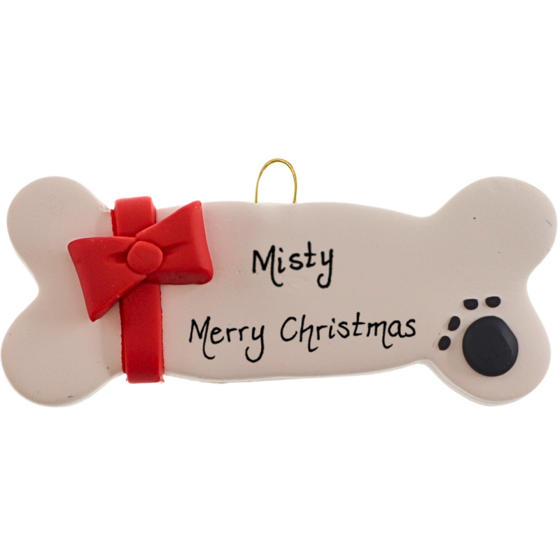 Ornament of dog bone with ribbon and paw print, personalized with name.