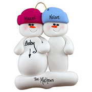 Family ornament with 2 snowmen in bright hats, one pregnant, personalized with names.